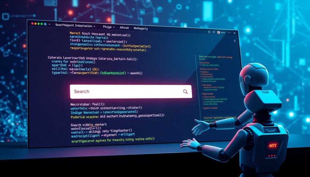 Create an image showcasing a futuristic search engine interface with JavaScript code snippets and AI bots interacting with a website, highlighting the balance between modern features and accessibility.