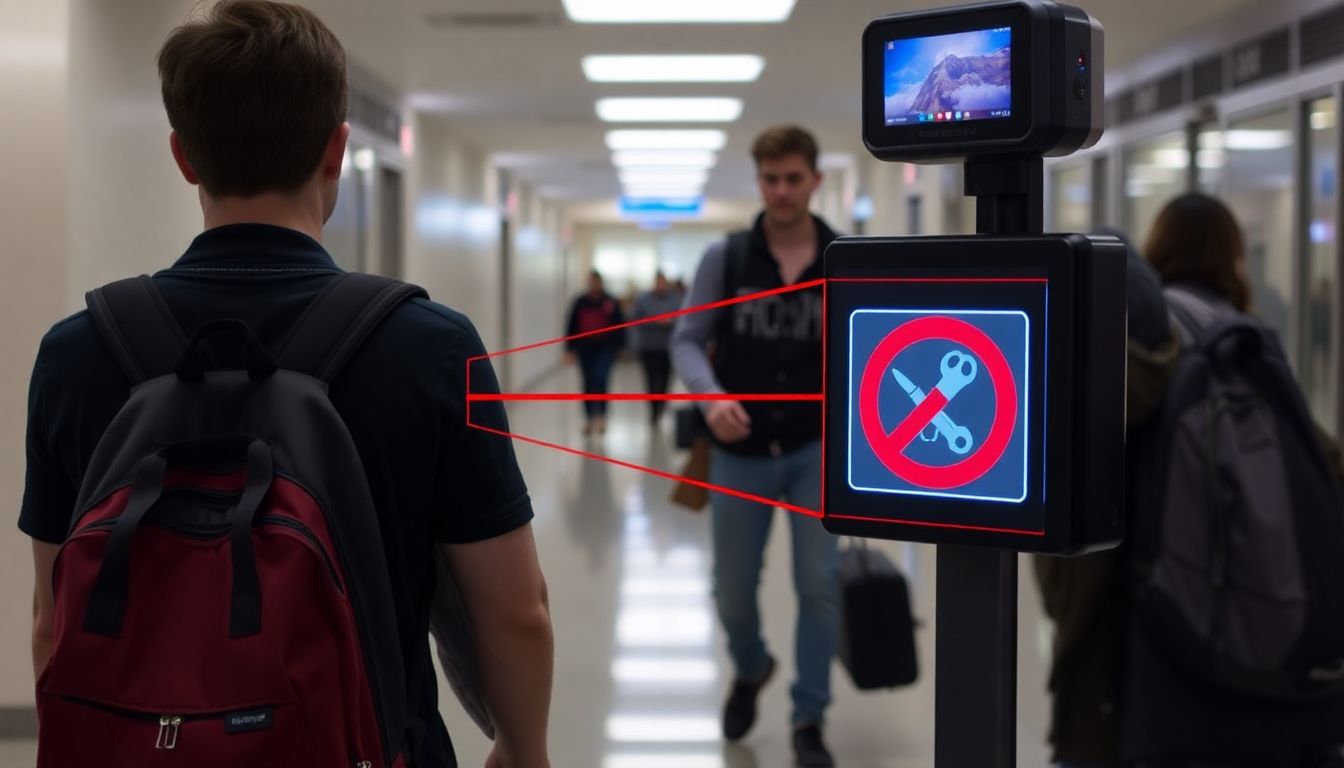 How the AI-Powered Weapons Detection System Works Generate an image of the AI-powered scanners in action, with a student's bag being scanned and a red box highlighting a prohibited item.