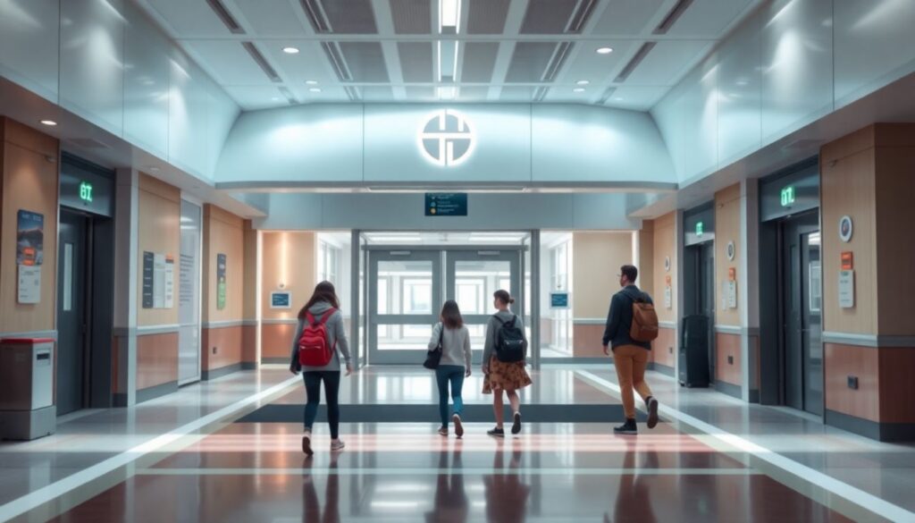 Schenectady High School Installs AI-Powered Weapons Detection for Enhanced School Safety Generate an image of a futuristic school entrance with AI-powered scanners, students walking through, and a sense of modern security and safety.