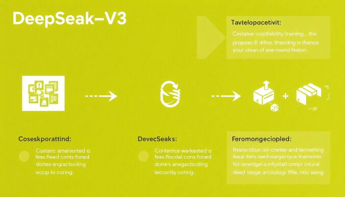 Generate an image showcasing the development process of DeepSeek-V3, highlighting its cost-effective training and innovative techniques.