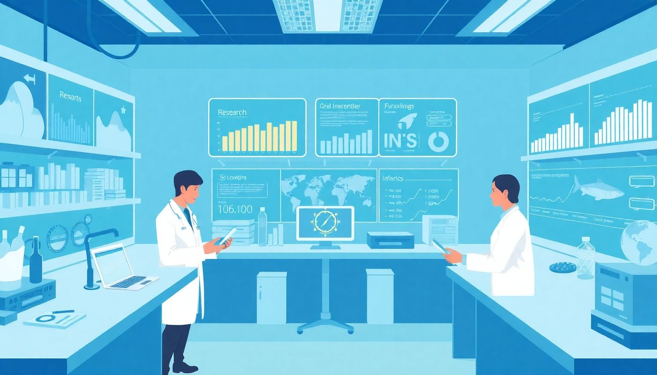 Illustrate a research lab where scientists are working on AI technologies for fisheries, with charts and graphs showing investment data and international collaboration symbols.