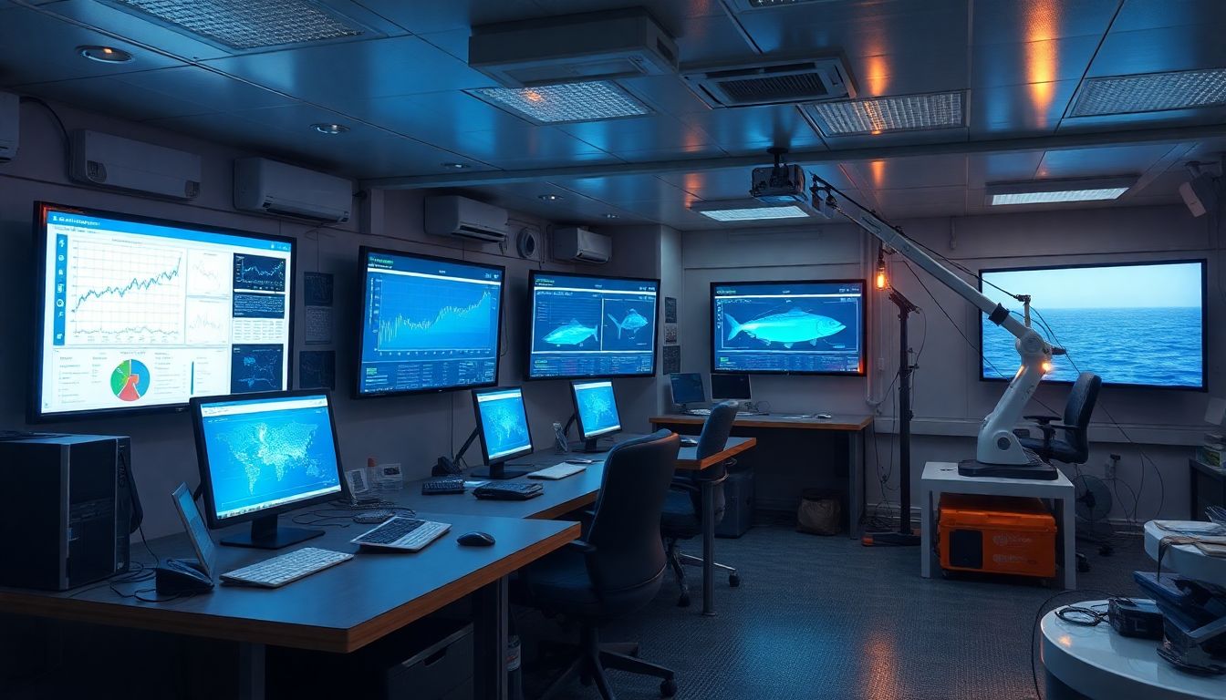 Create an image of a fishery management center where AI algorithms are analyzing data on screens, surrounded by intelligent sensors and automated fishing equipment. The scene should convey a sense of technological advancement and efficiency.