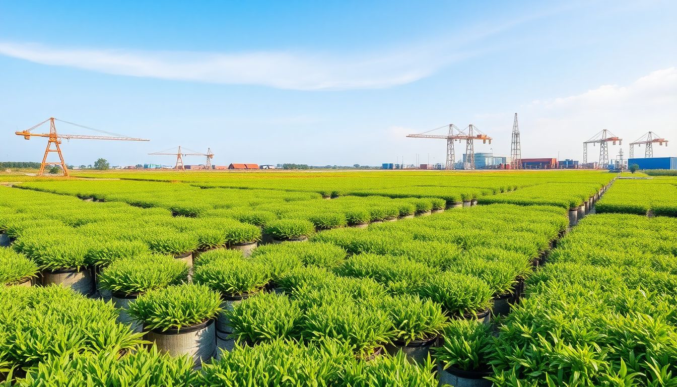 Design an image of a sustainable fishery project funded by green finance, with elements of international trade and R&D facilities in the background, showcasing a harmonious blend of economic and environmental benefits.