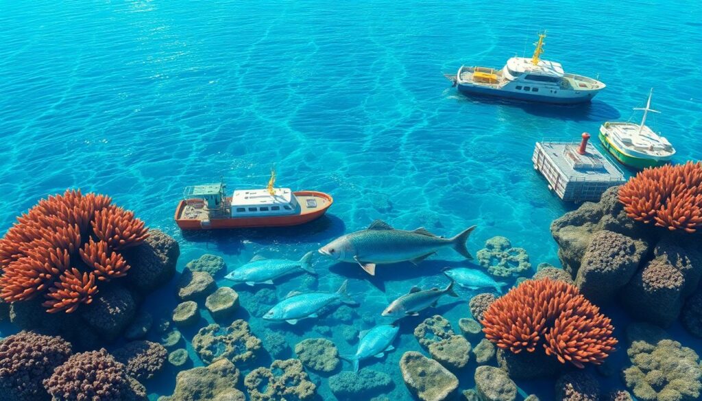 Generate an image showcasing a futuristic marine fishery where AI-driven technologies, such as smart sensors and autonomous vessels, are integrated into the fishing process. The background should feature a clean, vibrant ocean with visible signs of ecological conservation efforts, such as coral reefs and marine life. Include elements representing green finance, trade openness, and R&D investment, like renewable energy sources, international trade symbols, and research facilities.
