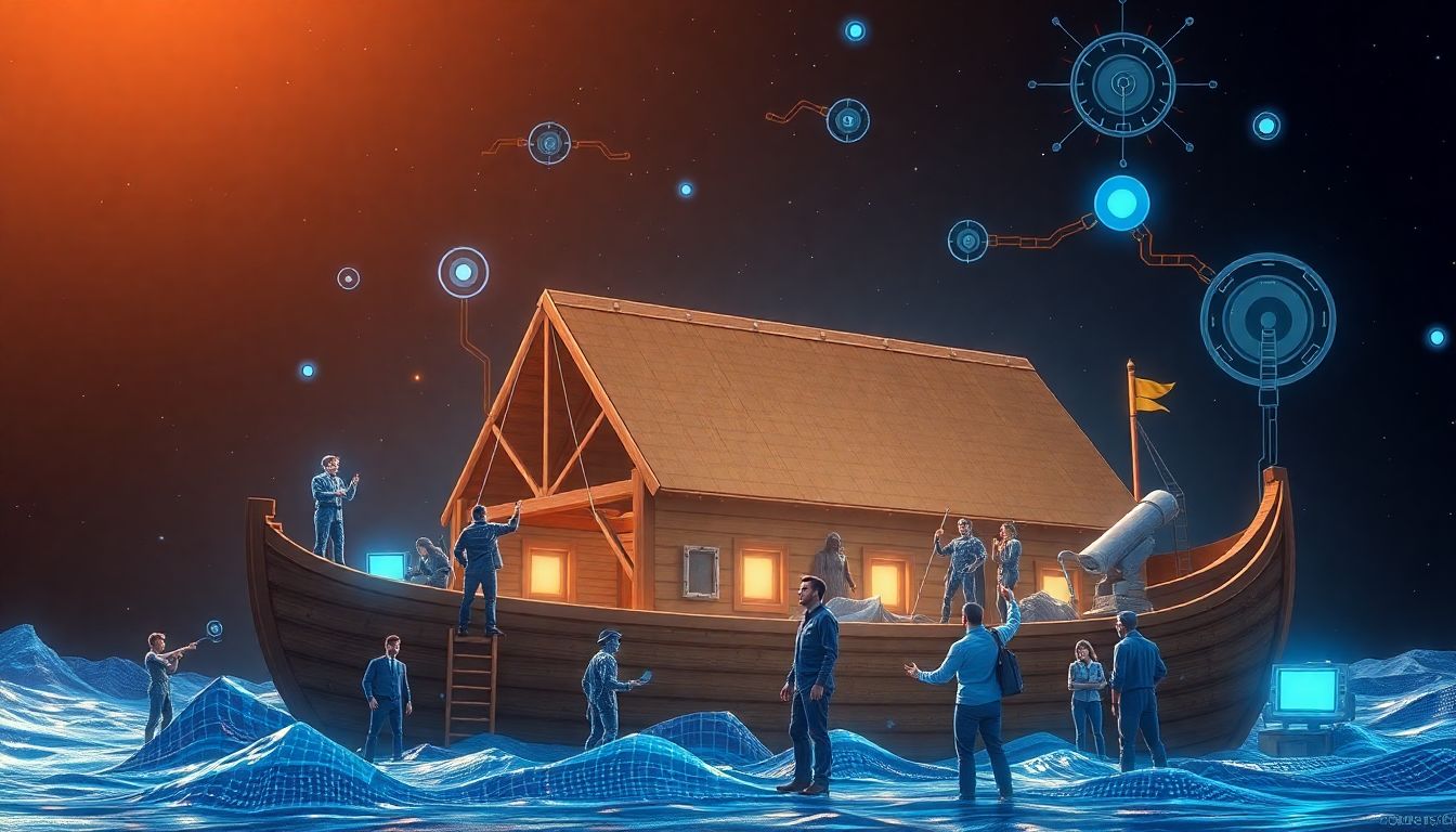Generate an image of Zachary Levi building an ark, with AI-generated characters and futuristic technology surrounding him, symbolizing his preparation for the AI 'flood'.