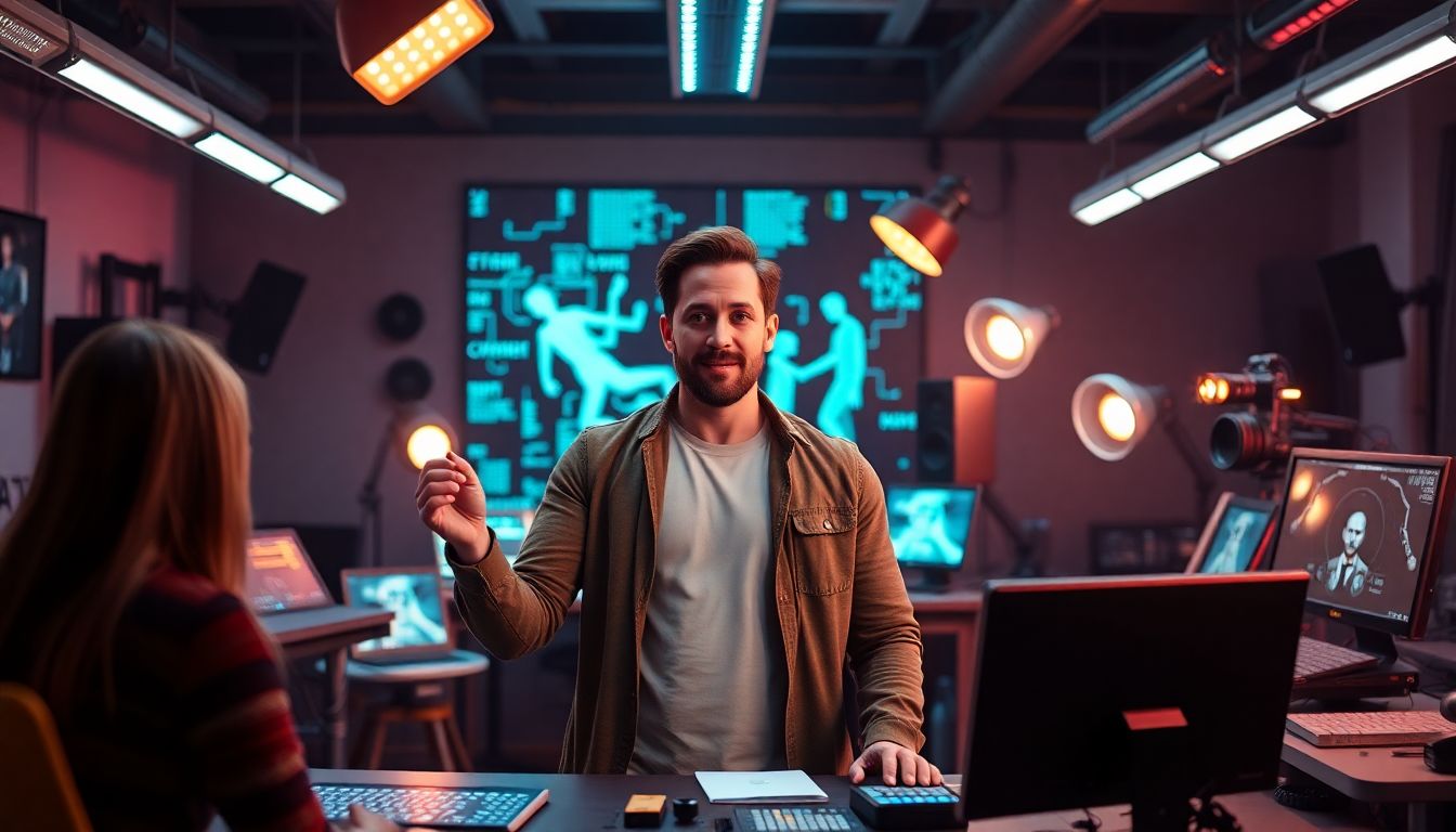 Generate an image of Zachary Levi leading a team of creatives in a futuristic studio, with AI tools and human artistry working together, symbolizing the blend of technology and human purpose.