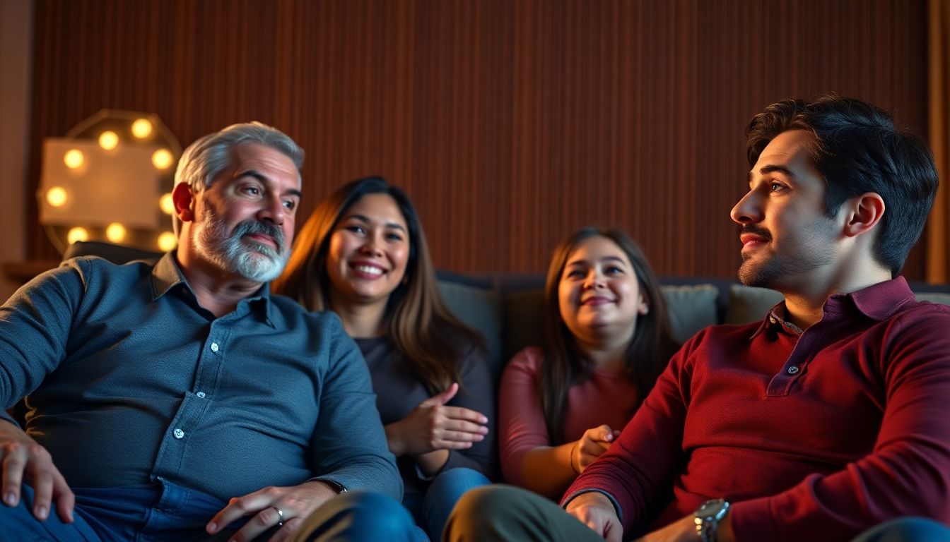 Create an image of a family enjoying an AI-generated movie featuring their likenesses, with Zachary Levi watching thoughtfully from the side, representing the blend of personalized entertainment and human creativity.