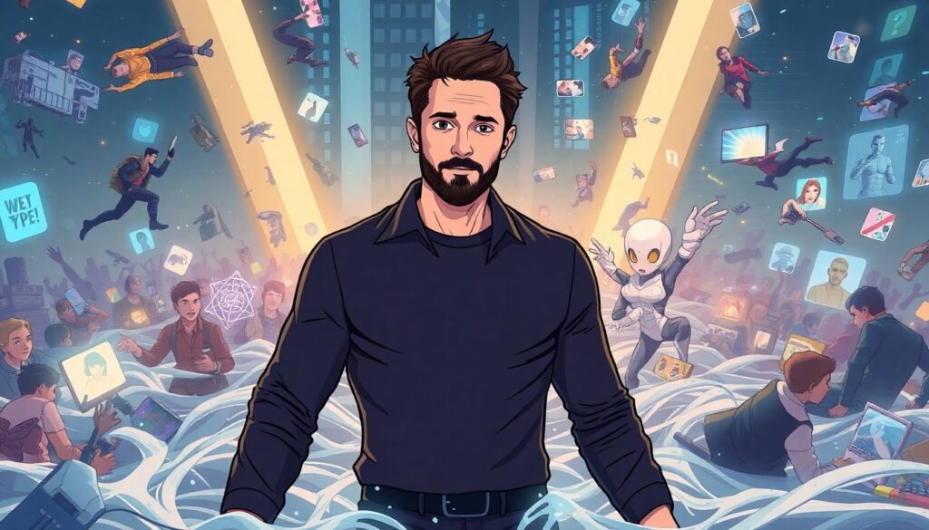 Create an illustration featuring Zachary Levi standing amidst a digital flood, with AI-generated characters and scenes swirling around him, representing the blend of technology and entertainment he discusses.