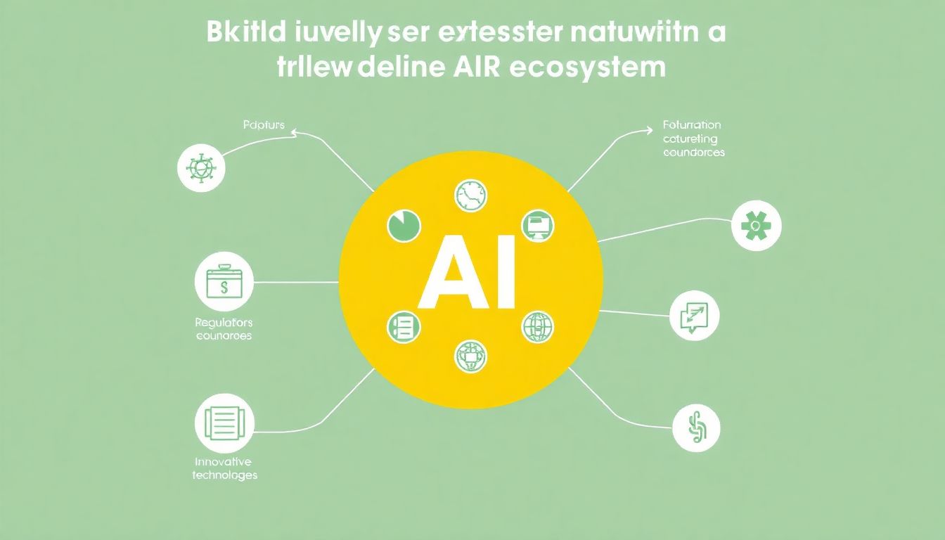 A visual representation of regulatory bodies and innovative technologies working together to build a trustworthy AI ecosystem.