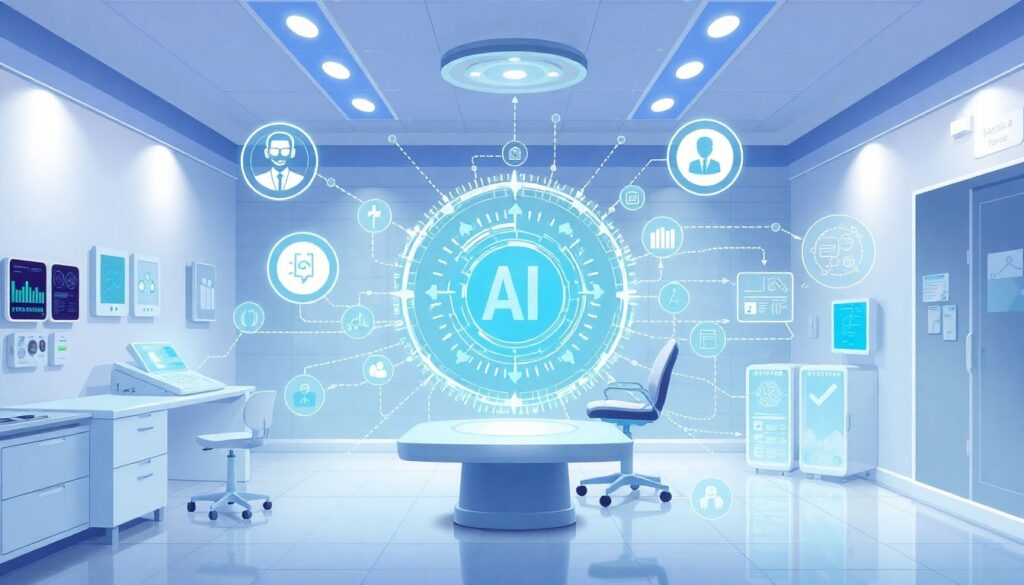 An illustration showcasing a futuristic medical setting with AI tools integrated seamlessly, surrounded by transparent data flows and trust symbols.