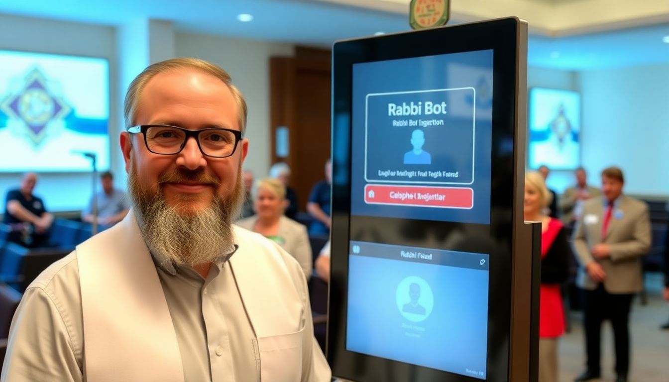 Rabbi Josh Fixler standing next to a digital display showing the 'Rabbi Bot' interface, with congregation members in the background.