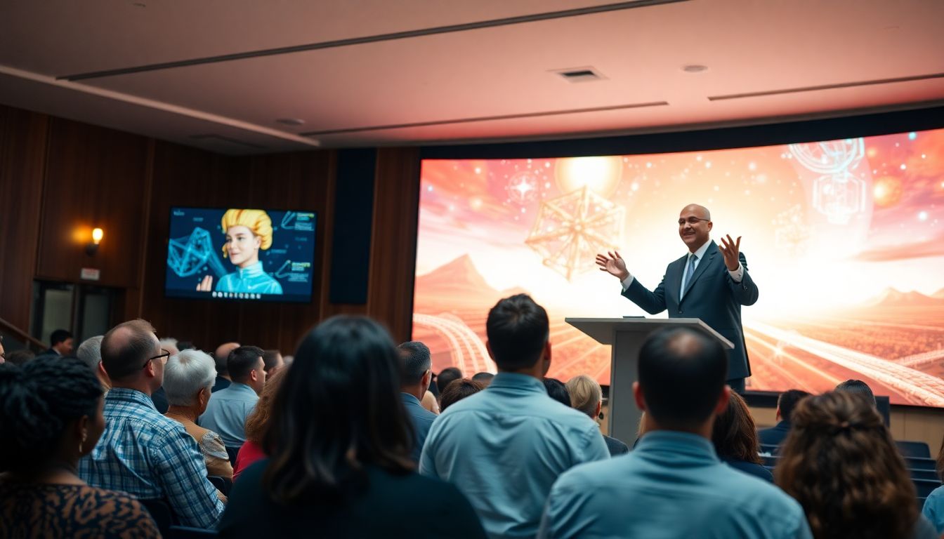 A pastor delivering a sermon with AI-generated visuals on a large screen behind him, with a diverse congregation watching.