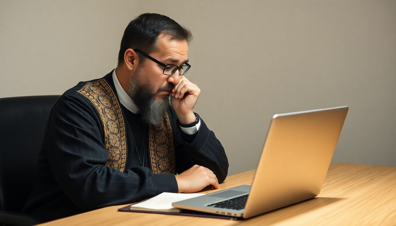 A thoughtful religious leader sitting at a desk with a laptop open to an AI interface, deep in contemplation.