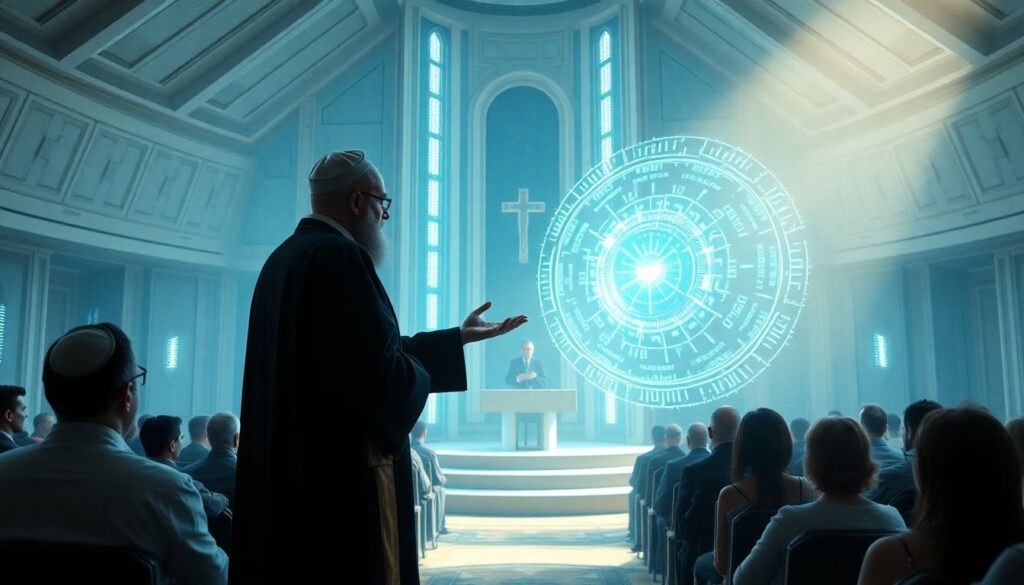 A futuristic religious setting where a rabbi interacts with an AI-generated sermon, with congregation members listening attentively.
