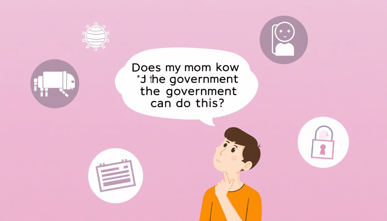 Illustrate a thoughtful person pondering with a speech bubble saying, 'Does my mom know the government can do this?' surrounded by icons of AI and security clearance.