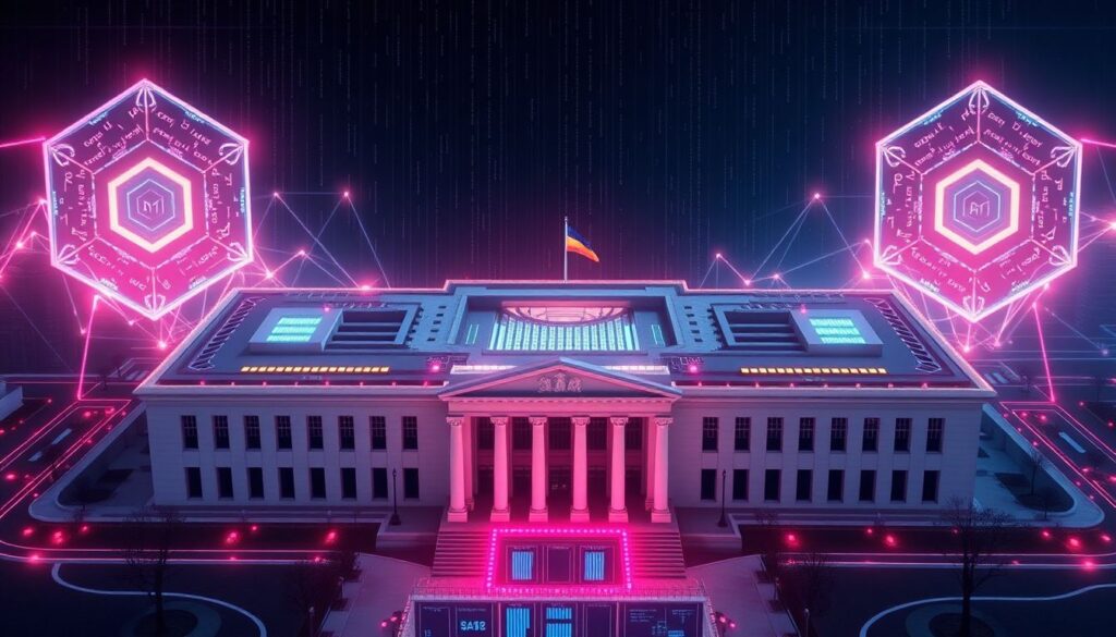 Create an image of a futuristic Pentagon building with AI algorithms and data streams flowing around it, symbolizing the integration of AI in security clearance processes.