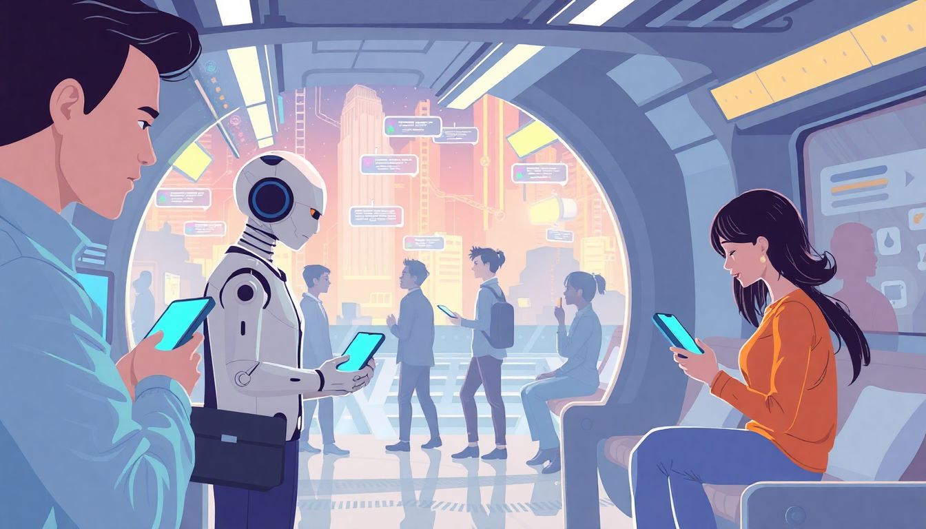 Illustrate a futuristic scene where people are interacting with chatbots in various everyday situations, highlighting the integration of technology into daily life.