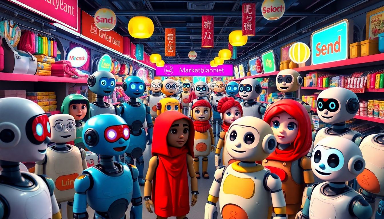 Create an image of a vibrant, bustling virtual marketplace filled with various chatbot characters, each with distinct personalities and appearances.