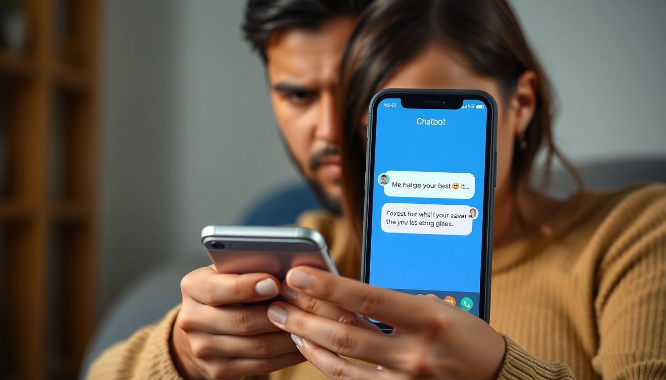 Design an image of a concerned parent looking at their child's phone, with a chatbot message displayed, symbolizing the worry and confusion surrounding the app.