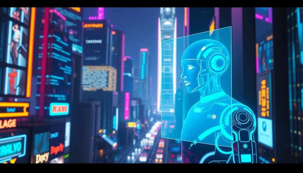 Generate an image of a futuristic cityscape with neon lights, where a person is interacting with a holographic chatbot, representing the blend of technology and human emotion.
