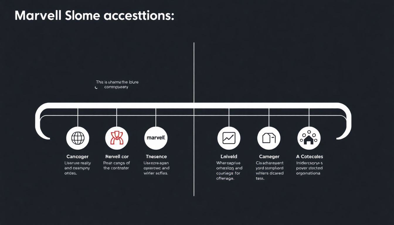 Create an infographic showing Marvell's key acquisitions and partnerships, with icons representing each company and arrows indicating the flow of technology and resources.