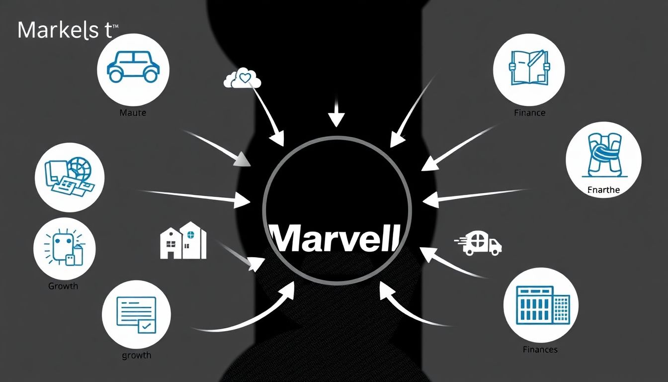 Illustrate a market landscape with Marvell's logo at the center, surrounded by icons representing various industries like automotive, healthcare, and finance, with arrows indicating growth and challenges.