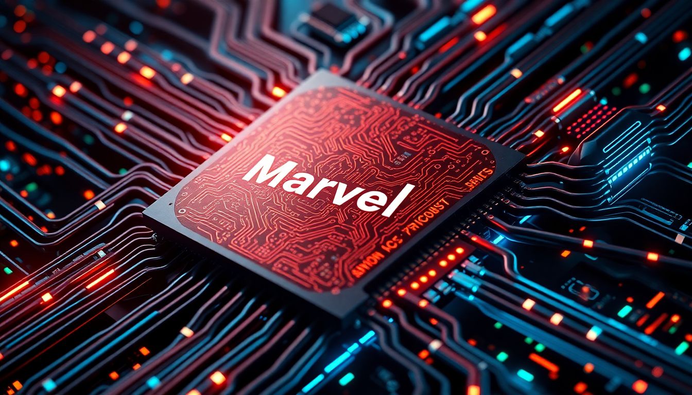 Design an image of a Marvell AI processor with intricate details, surrounded by futuristic networking cables and data streams, emphasizing speed and efficiency.