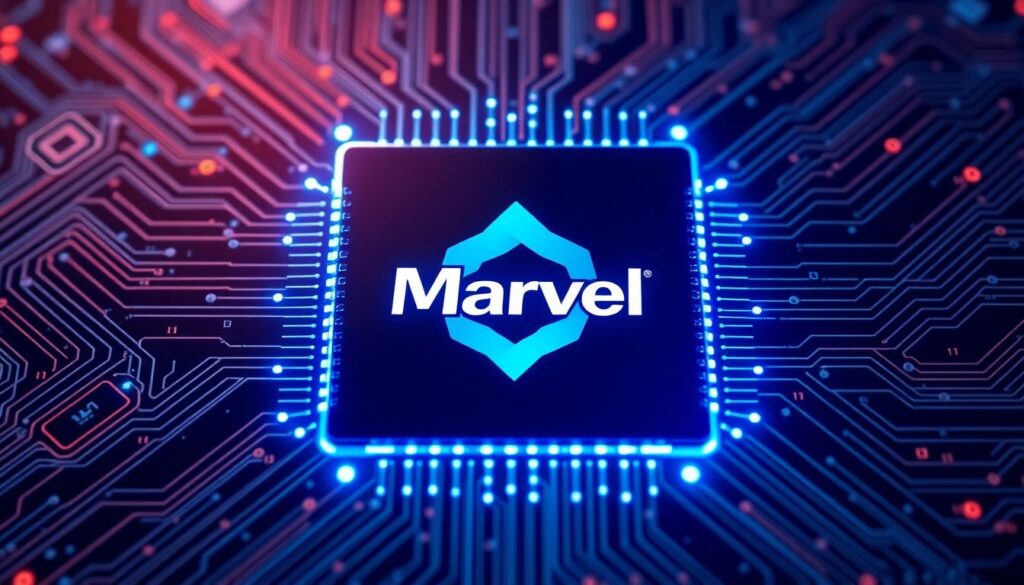 Generate an image of a futuristic AI chip with Marvell's logo prominently featured, surrounded by circuit boards and technological elements, symbolizing innovation and growth.