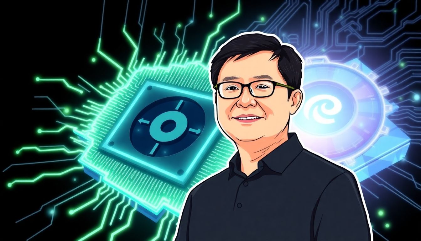 An illustration of Nvidia's CEO Jensen Huang with a background of AI chips and graphics cards, symbolizing the company's transformation.