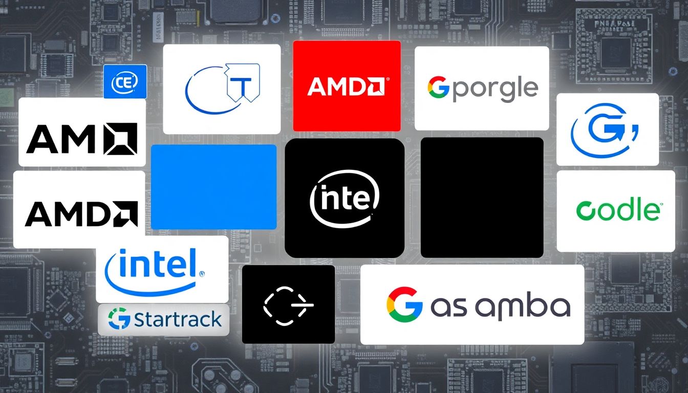 A collage of logos and products from competitors like AMD, Intel, Google, and various startups, surrounded by AI chips and circuit boards.