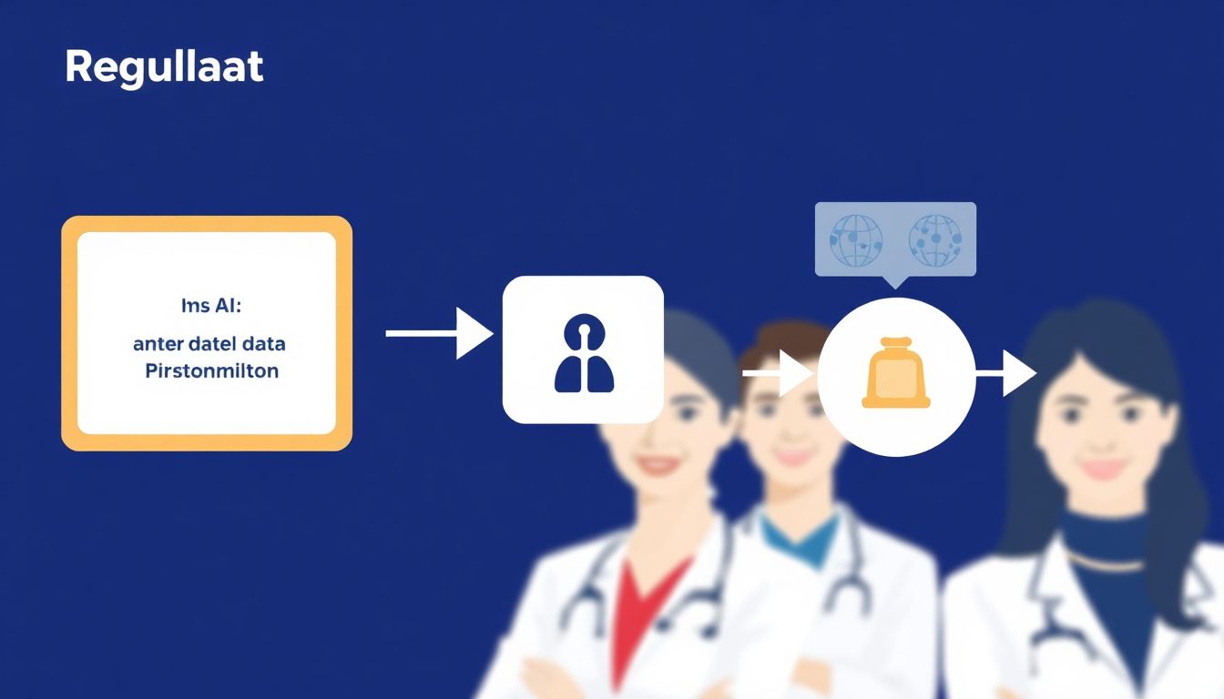 Create an image depicting a regulatory body overseeing the approval process of AI tools, with transparent data flows and satisfied clinicians in the background.