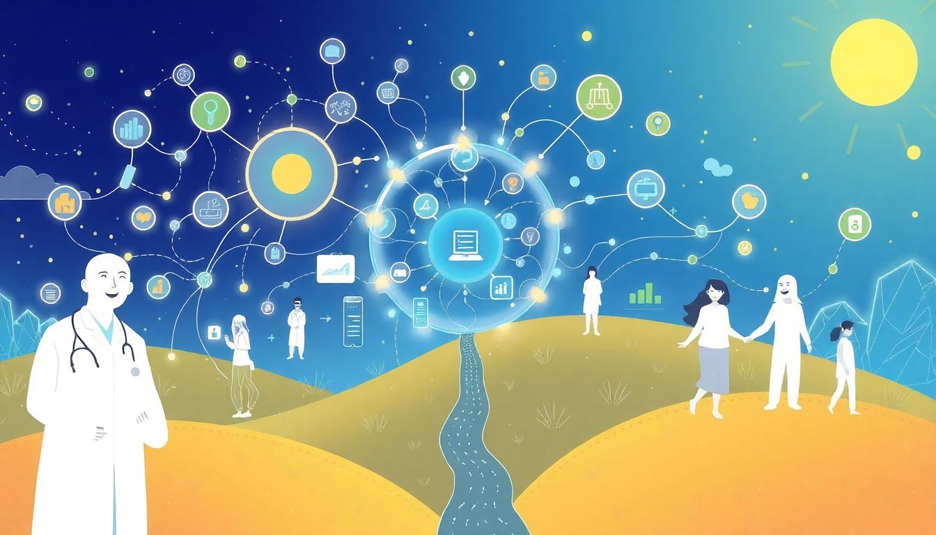 Design an image illustrating a vibrant AI ecosystem with transparent data pathways, happy clinicians, and thriving patients, symbolizing a future where trust and innovation coexist.