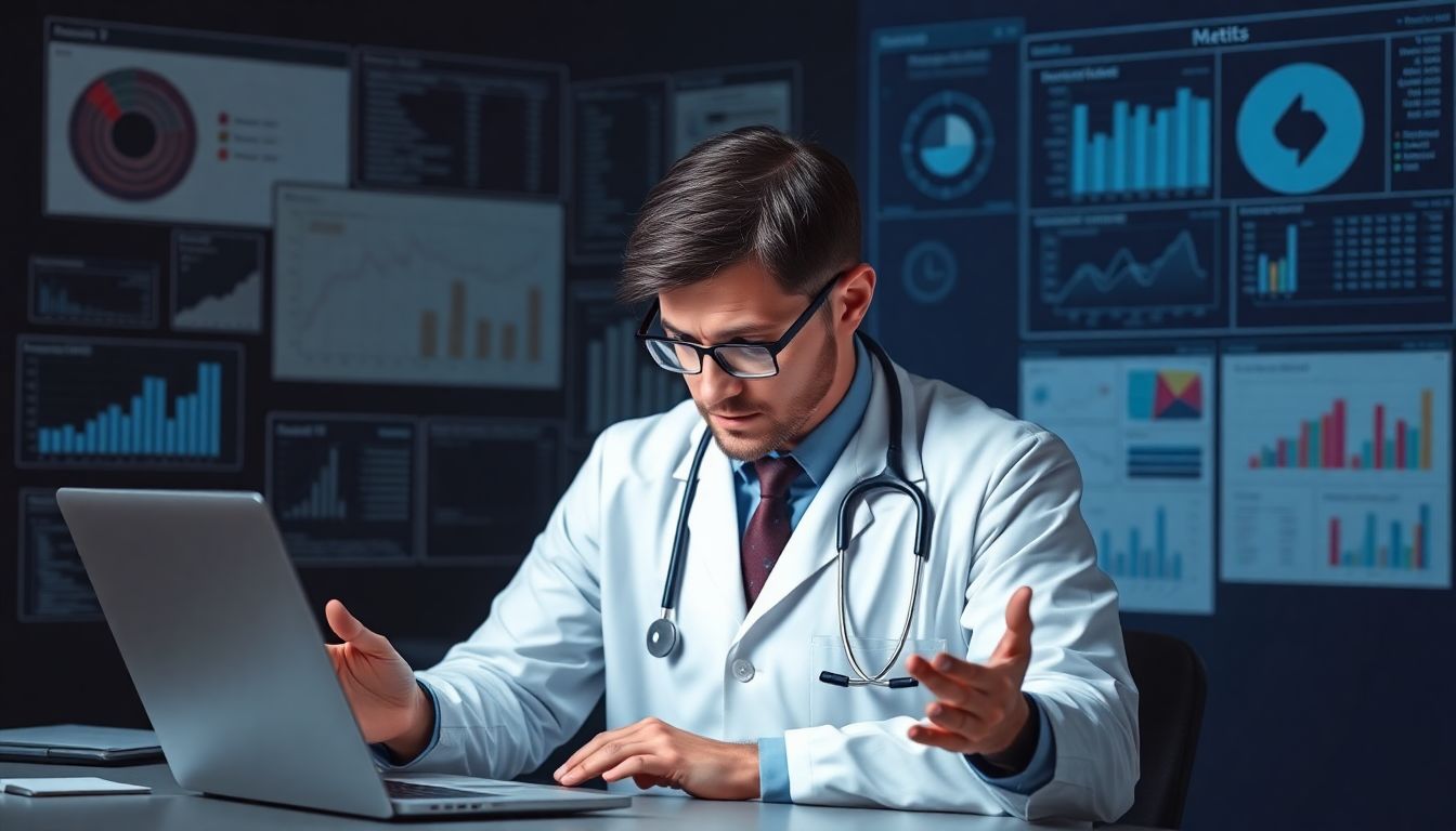 Generate an image showcasing a clinician struggling with trust issues while interacting with AI tools, surrounded by data charts and reports.