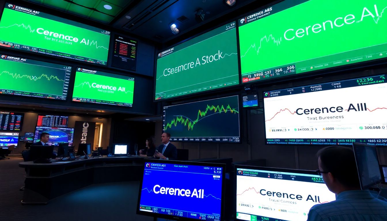 Create an image of a stock market trading floor with screens displaying Cerence AI's stock performance and analysts discussing the company's prospects.