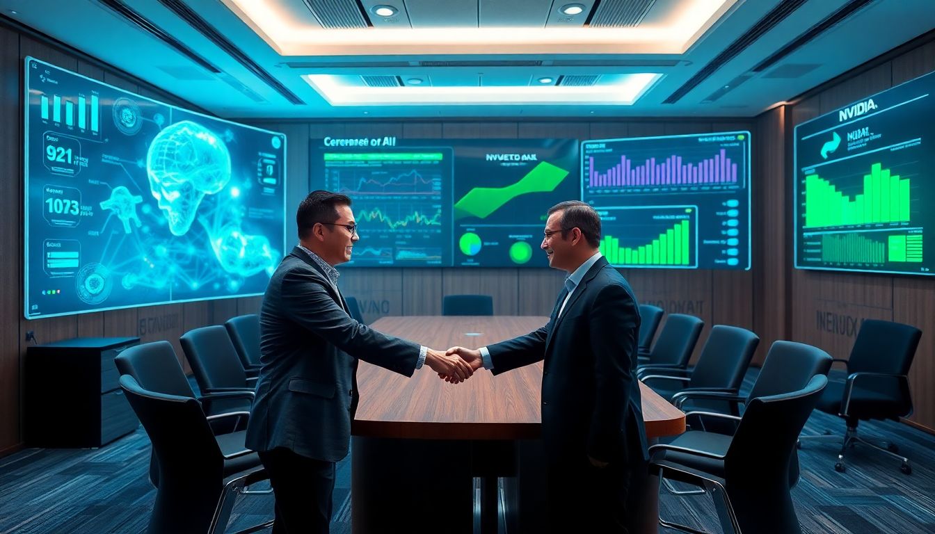 Create an image of a conference room with executives from Cerence AI and Nvidia shaking hands, surrounded by holographic displays of AI models and data charts.