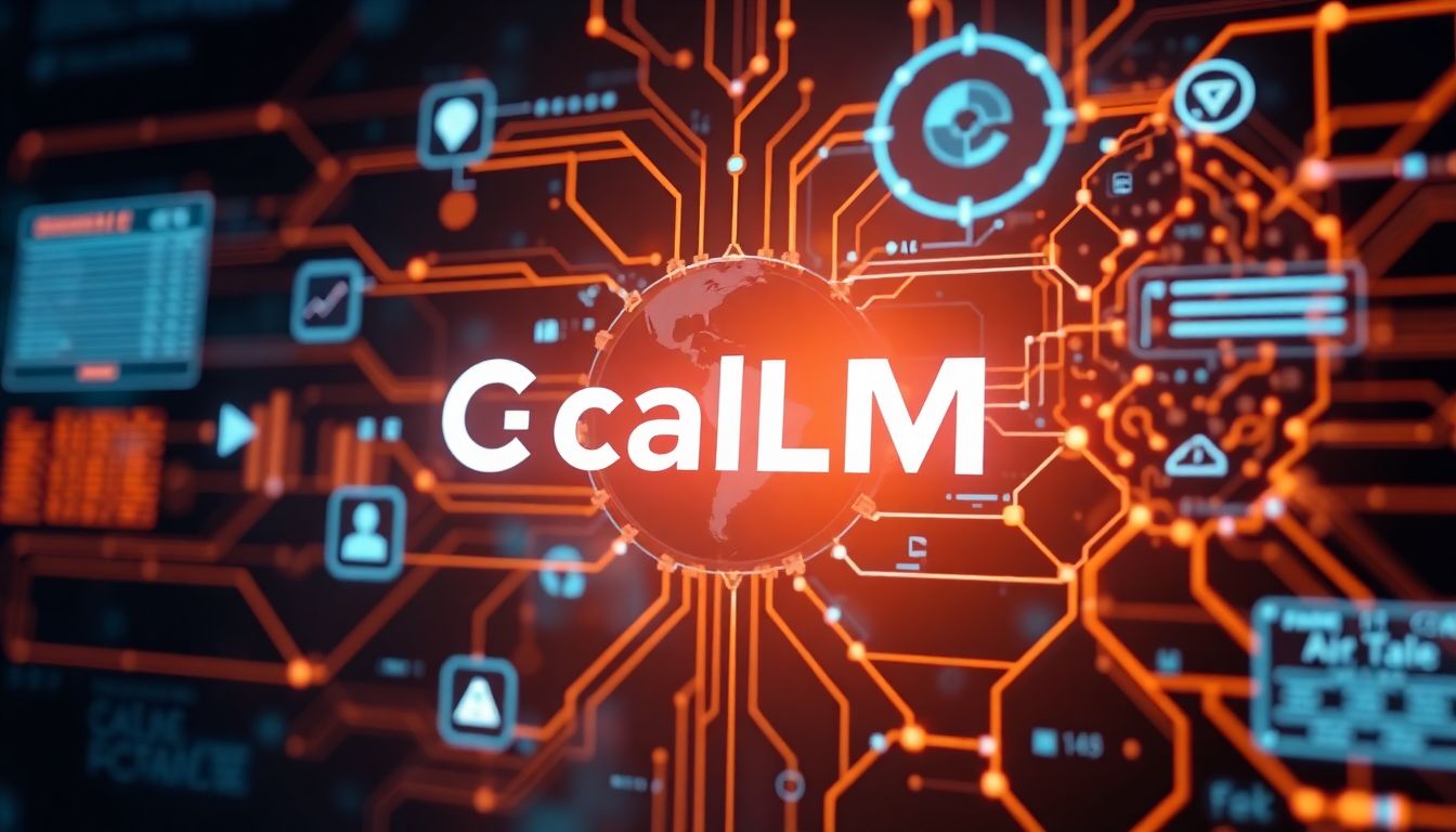 Generate an image of a futuristic AI interface with CaLLM logo, showing complex data processing and natural language interactions.