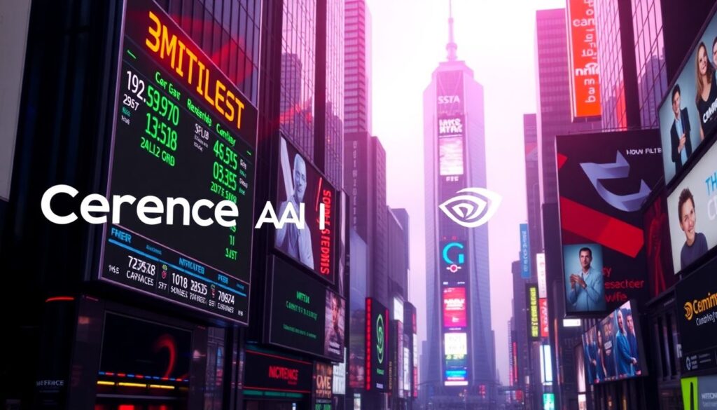 Generate an image of a futuristic cityscape with neon lights and digital billboards displaying stock market tickers, with Cerence AI and Nvidia logos prominently featured.