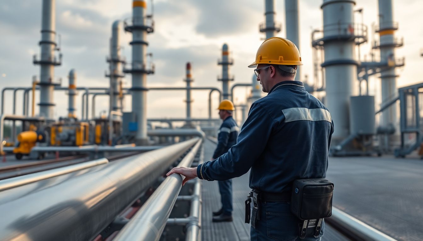 Create an image of a petrochemical plant in Baton Rouge with human workers and AI-powered machines working together.