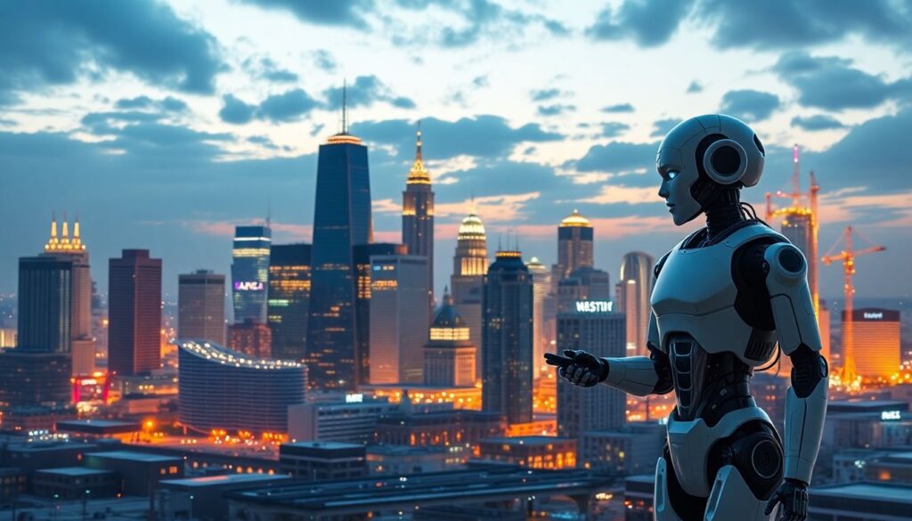 Create an image of a futuristic Baton Rouge skyline with AI-powered robots working alongside human professionals in various industries such as healthcare, petrochemical, and sales.