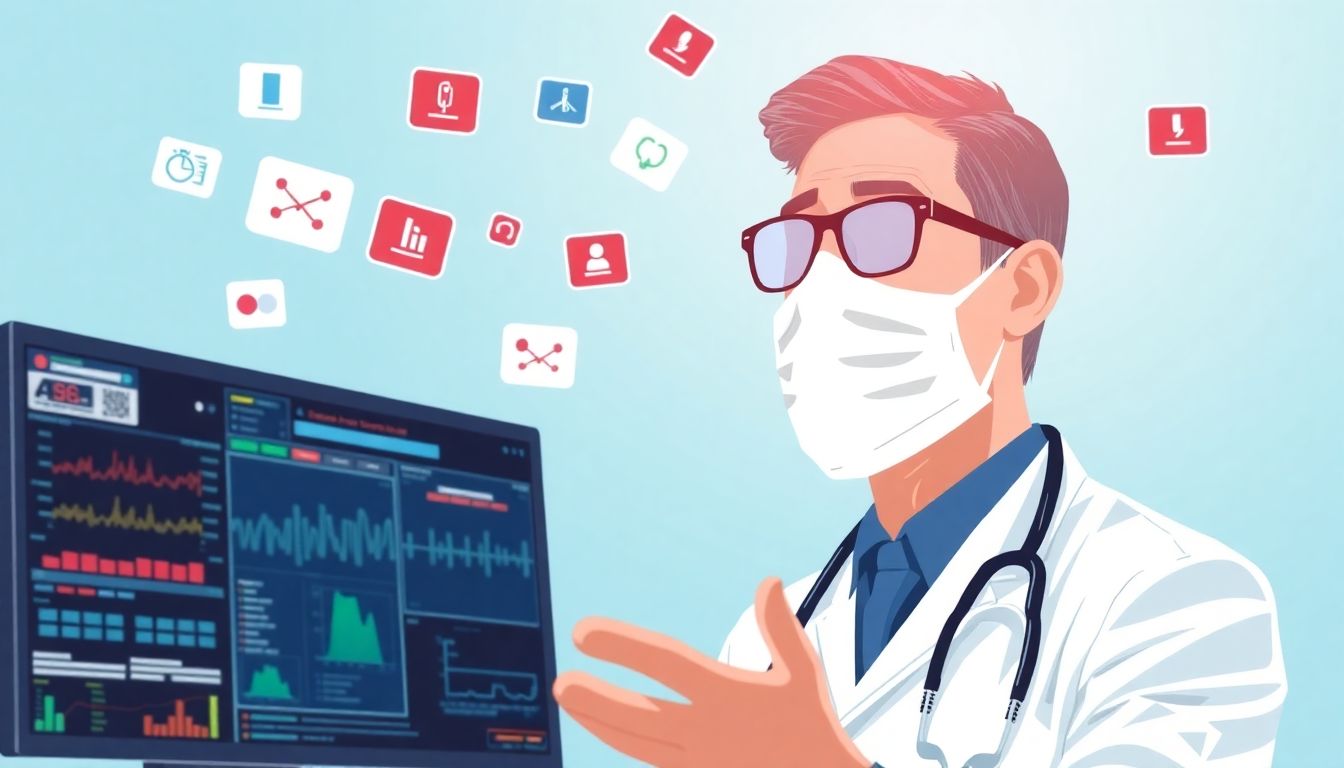 Design an image of a doctor juggling multiple alerts on their screen, highlighting the challenge of alert fatigue.