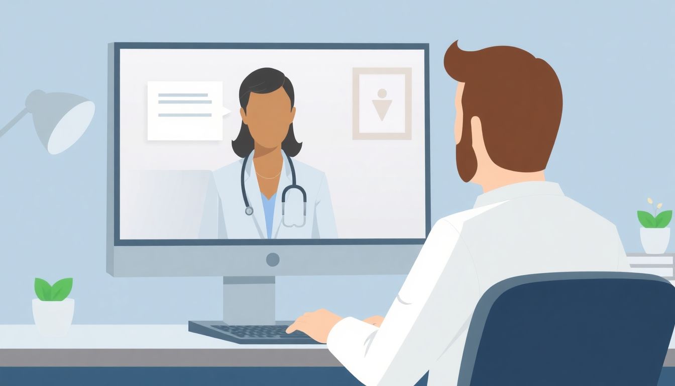 Illustrate a doctor receiving an interruptive alert on their computer screen during a patient consultation.
