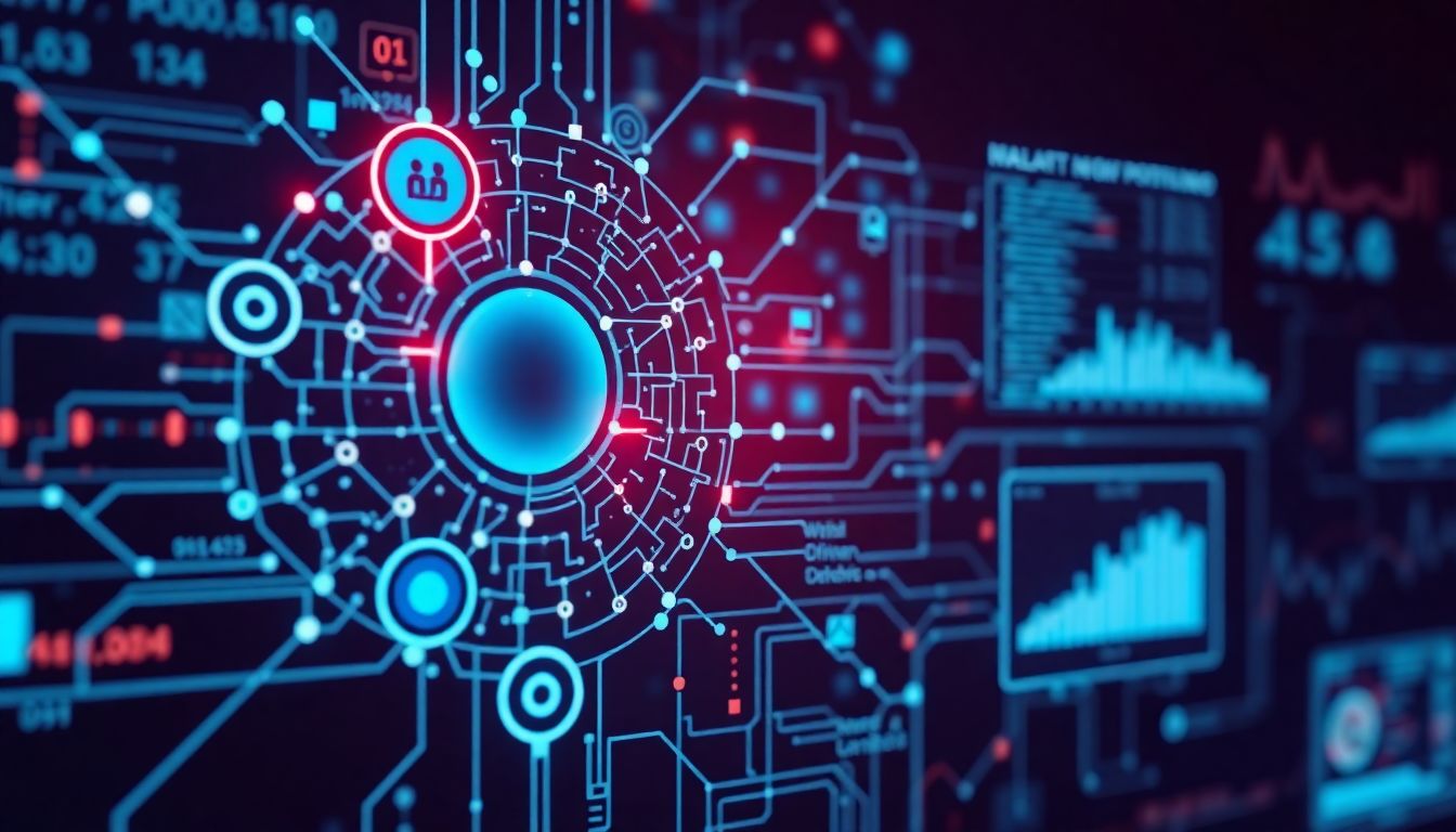 Create an image of a complex AI algorithm analyzing patient data and flagging high-risk individuals.