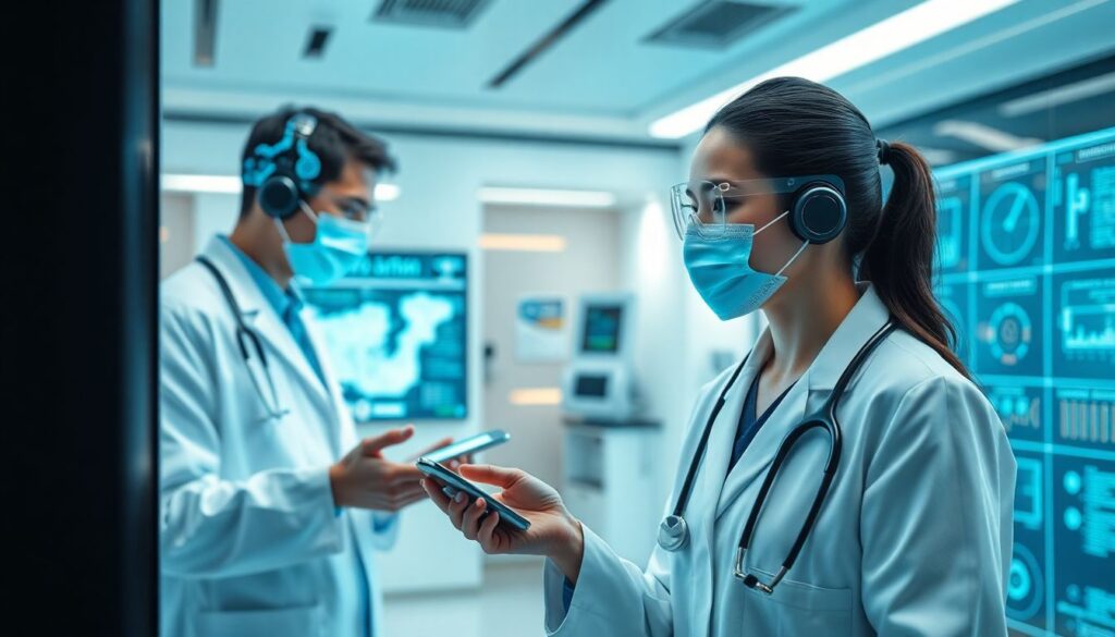 Generate an image of a futuristic medical setting where doctors are using advanced AI systems to monitor patient data, with a focus on mental health and suicide prevention.