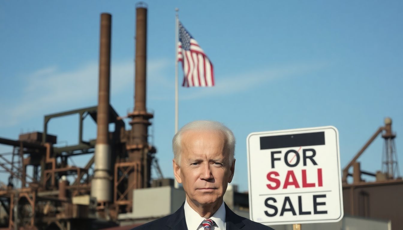 A steel mill with the American flag flying high, a 'For Sale' sign crossed out, and a determined-looking President Biden in the foreground.
