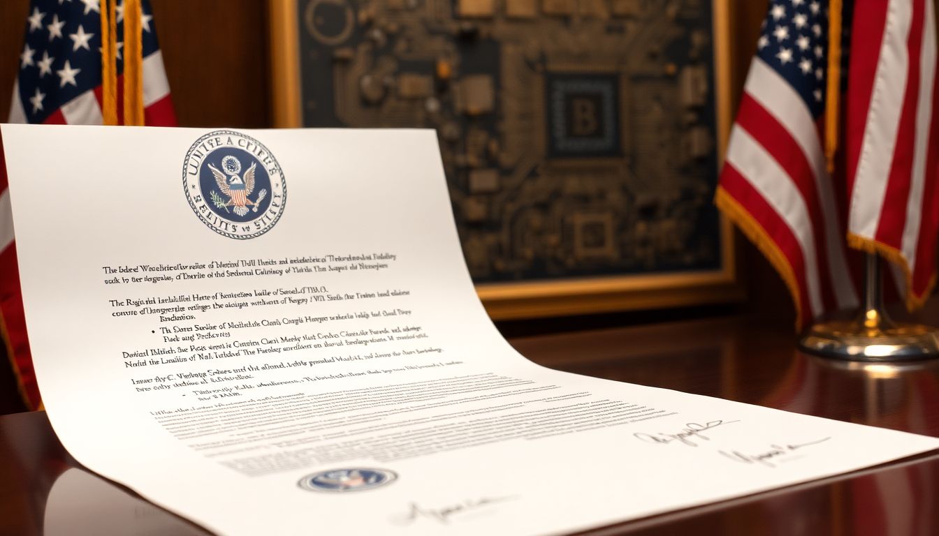 A serious-looking letter with official seals and signatures, sitting on a desk with the American flag and a circuit board in the background.