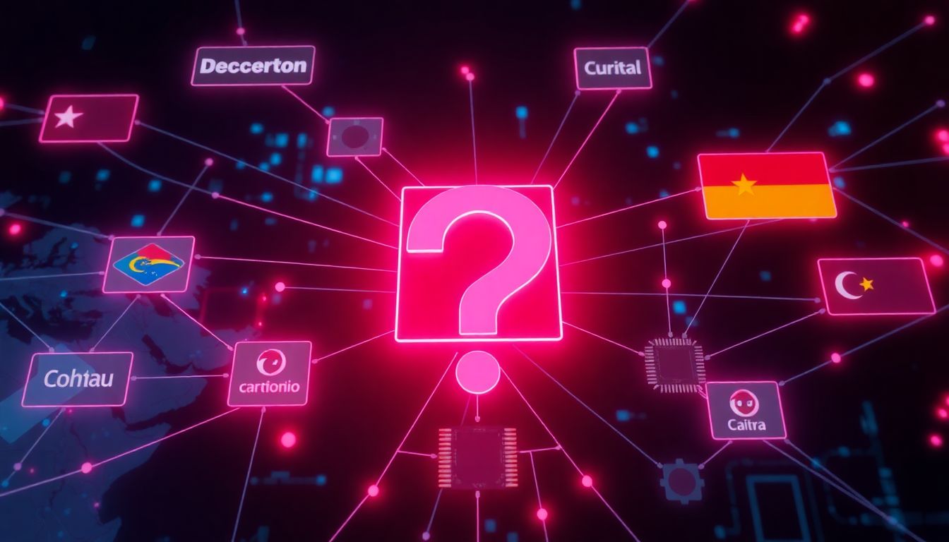 A complex web of connections between tech companies, countries, and AI chips, with a large question mark looming overhead.
