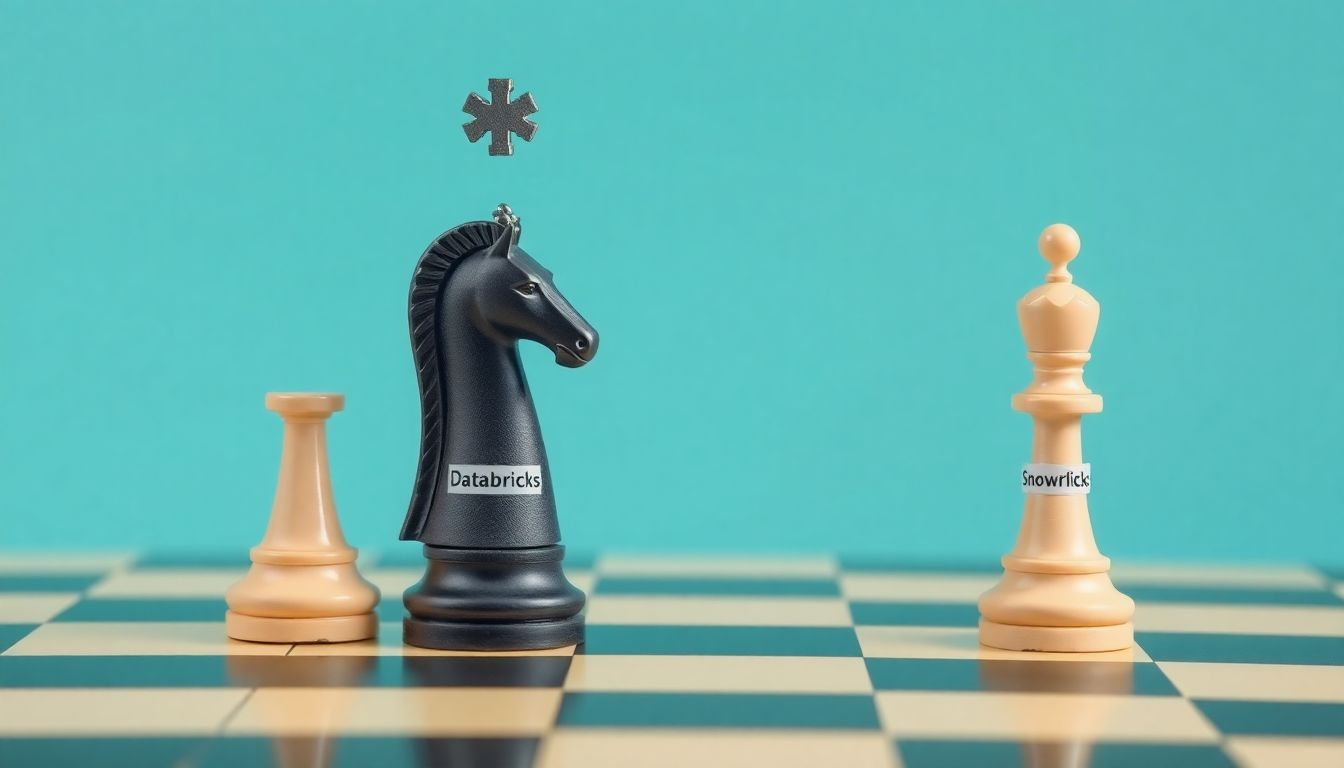 Create an image of two chess pieces, a knight labeled 'Databricks' and a bishop labeled 'Snowflake,' strategically positioned on a chessboard with the AI startup as the king in the center.