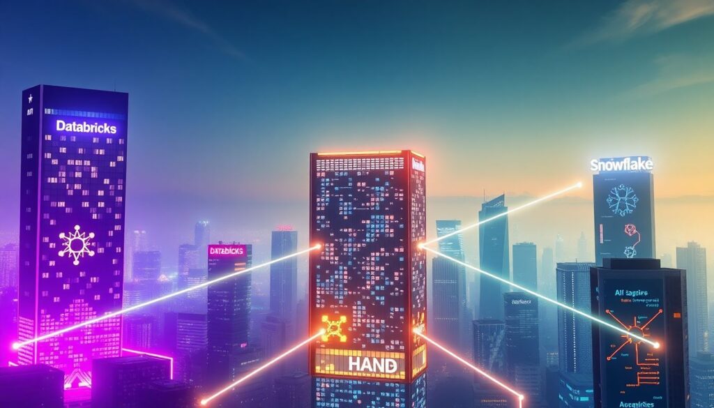 Create an image of a futuristic cityscape with towering buildings labeled 'Databricks' and 'Snowflake,' with a smaller, glowing AI startup building in the center, connected by neon lines representing potential acquisitions.