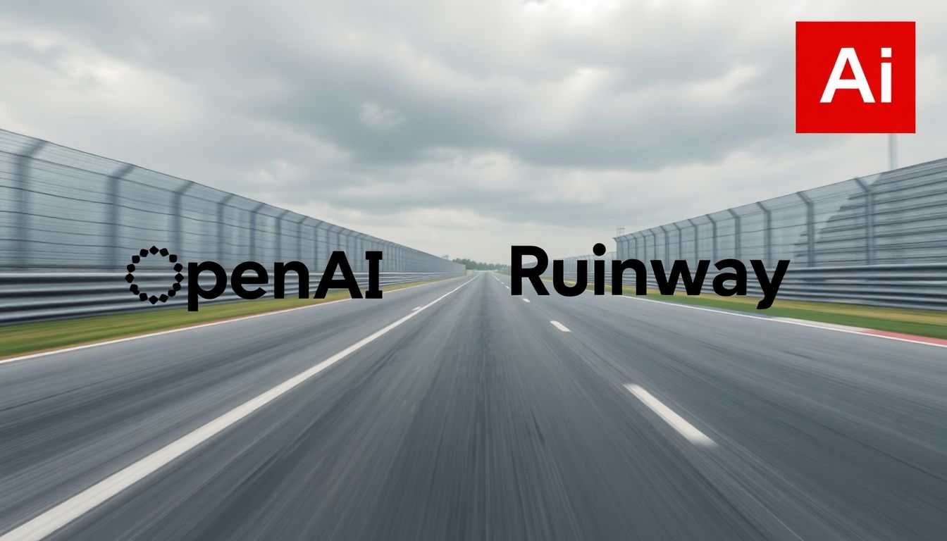 Generate an image of a race track with AI logos like OpenAI and Runway speeding ahead of Adobe.