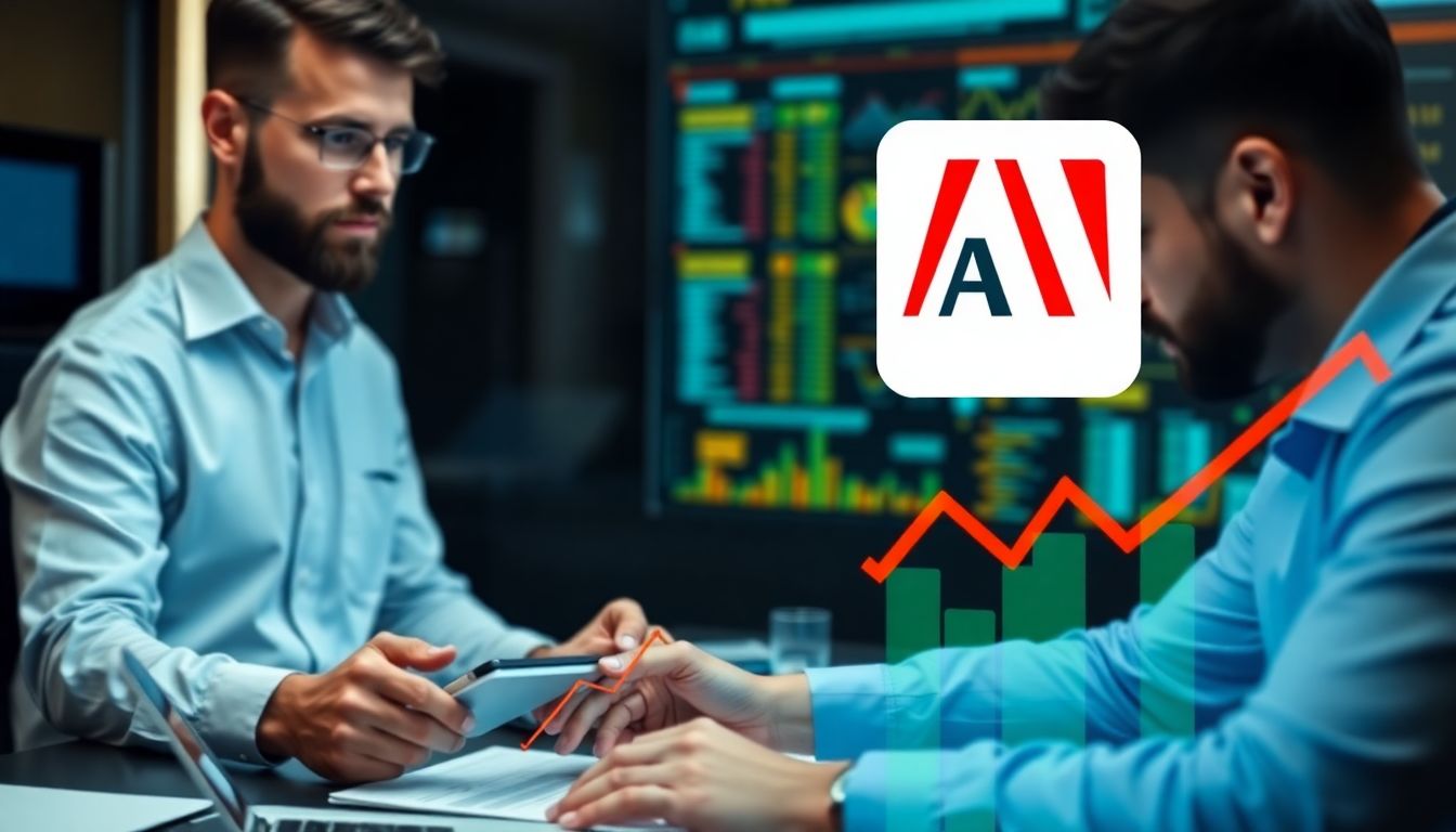 Create an image of analysts reviewing financial data with Adobe's logo and a downward trending graph.